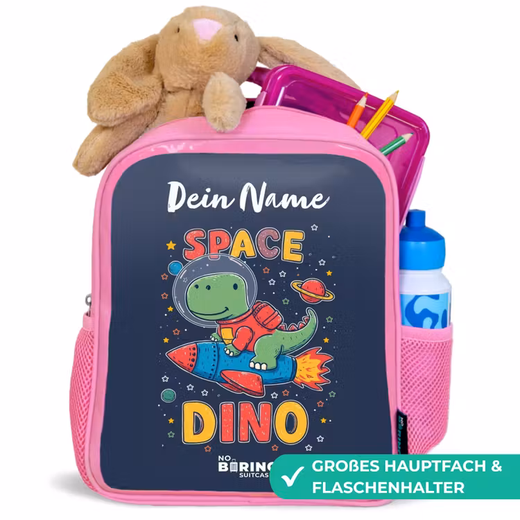 Dinosaurus - Groen - Raket - Sterrenhemel Kinderrugzak - Roze middel -inhoud_DE