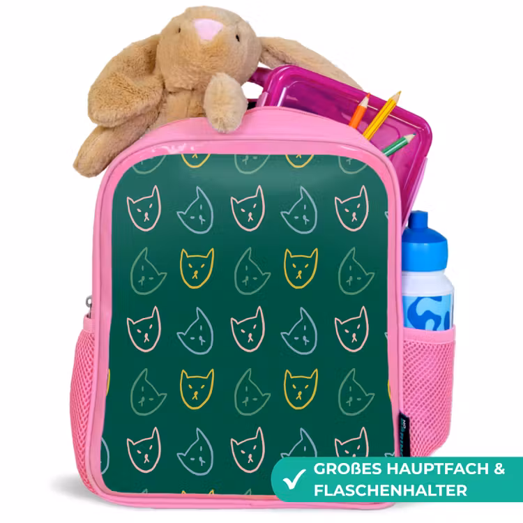 Donkergroen - Gezichten - Katten - Kleuren Kinderrugzak - Roze middel 863 -inhoud_DE