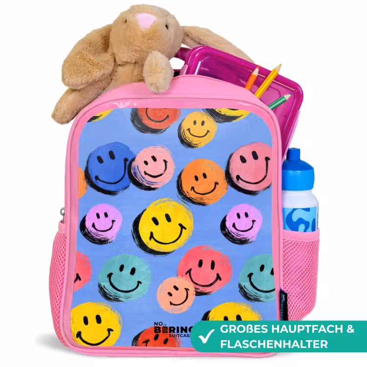 Een speels en kunstzinnig patroon van kleurrijke smileys Kinderrugzak - Roze middel -inhoud_DE