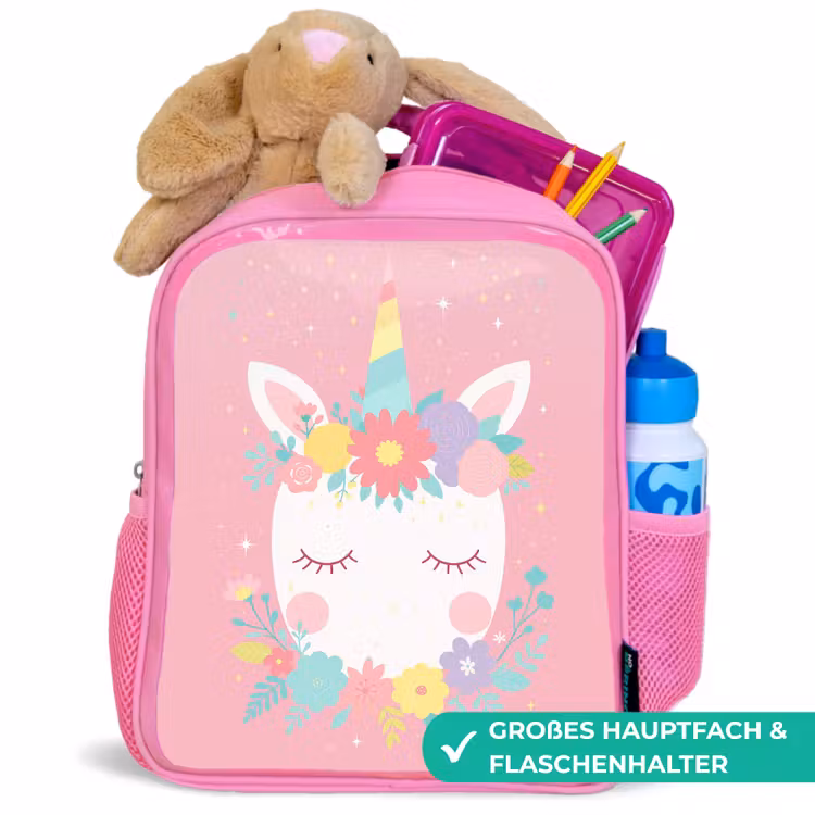 Eenhoorn - Bloemen - Roze Kinderrugzak - Roze middel -inhoud_DE