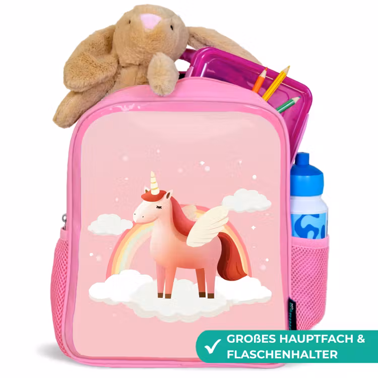 Eenhoorn - Vleugels - Roze - Regenboog Kinderrugzak - Roze middel -inhoud_DE