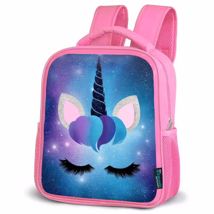 Eenhoorn - Sterren - Magisch - Blauw Kinderrugzak - Roze middel -schuin