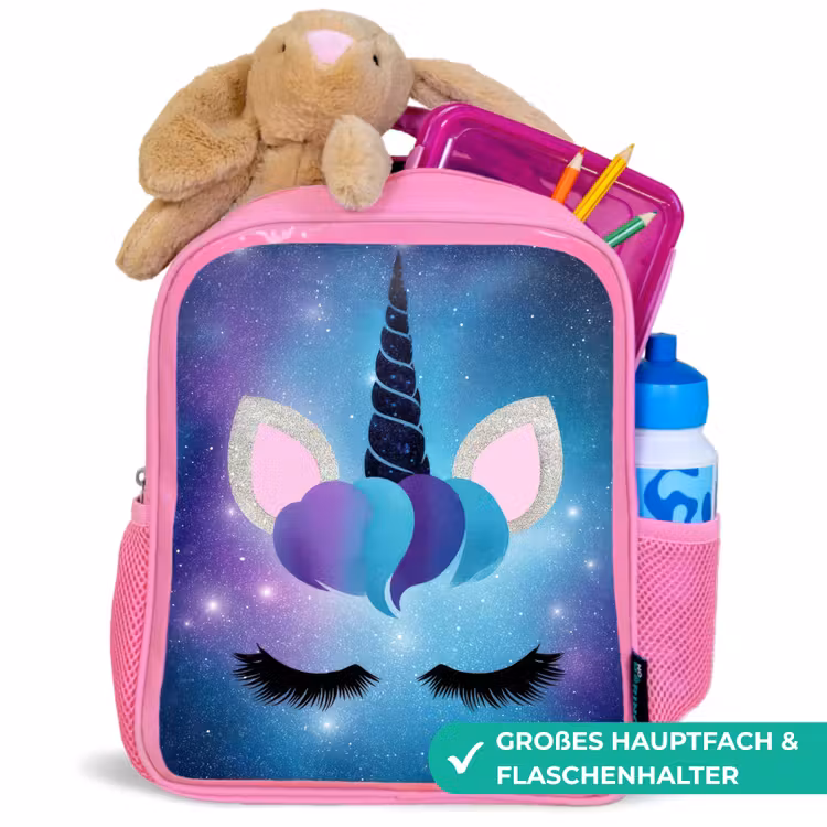 Eenhoorn - Sterren - Magisch - Blauw Kinderrugzak - Roze middel -inhoud_DE