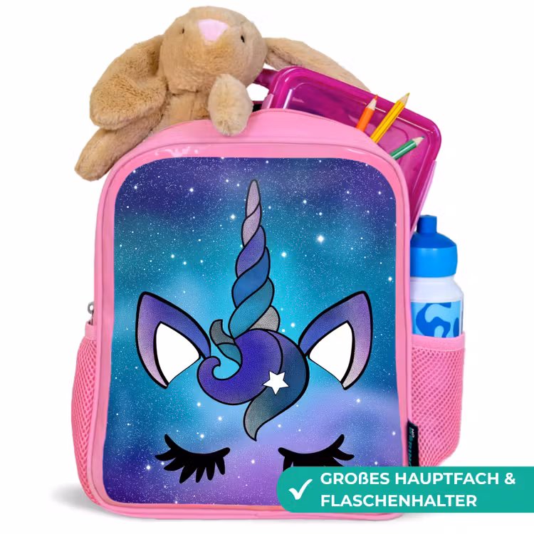 Eenhoorn - Sterrenhemel - Ster - Blauw Kinderrugzak - Roze middel -inhoud_DE
