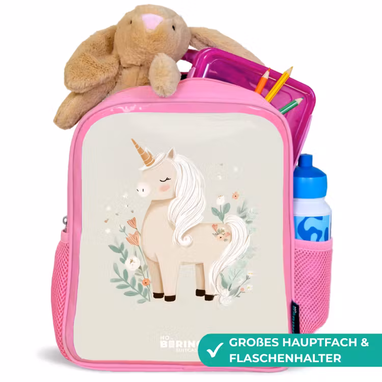Eenhoorn tussen bloemen in beige kleuren Kinderrugzak - Roze middel -inhoud_DE
