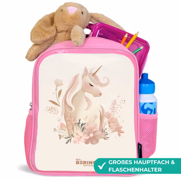 Eenhoorn tussen bloemen in roze pastel kleuren Kinderrugzak - Roze middel -inhoud_DE