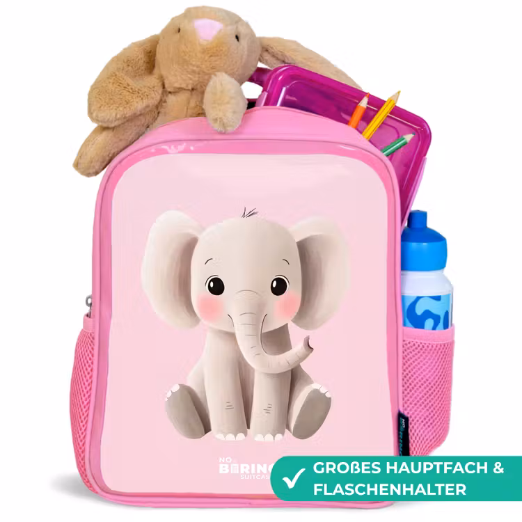 Olifant - Baby - Blosjes - Illustratie Kinderrugzak - Roze middel -inhoud_DE