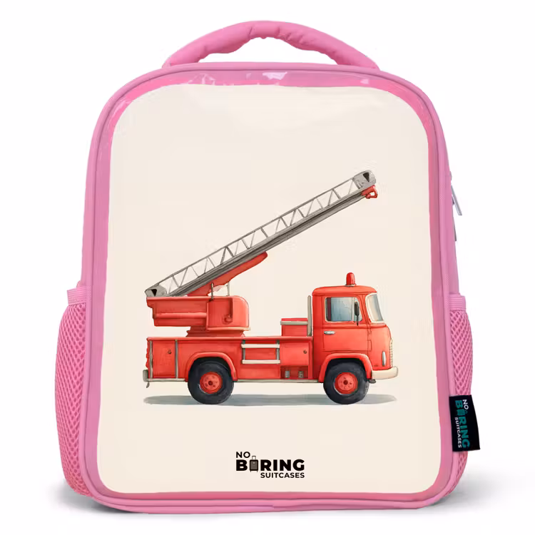 Brandweerwagen - Getekend - Rood Kinderrugzak - Roze middel -3d