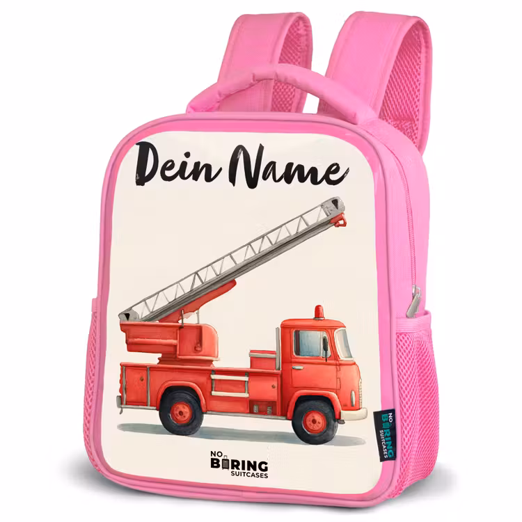 Brandweerwagen - Getekend - Rood Kinderrugzak - Roze middel -schuin