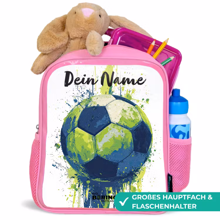 Voetbalvibes - Verf - Groen - Blauw Kinderrugzak - Roze middel -inhoud_DE