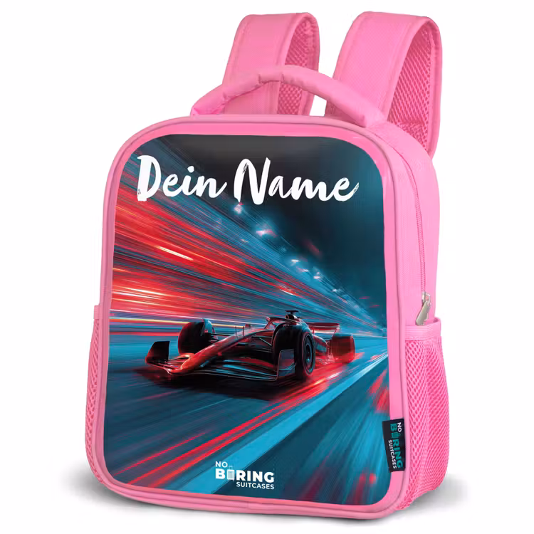 Formule 1 - Raceauto - Rood - Neonverlichting Kinderrugzak - Roze middel -schuin