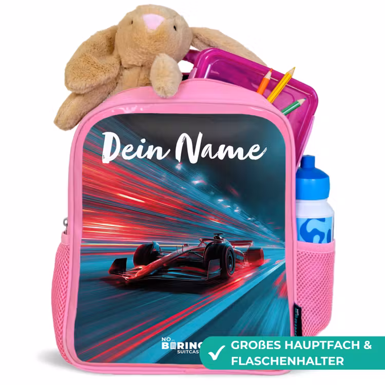 Formule 1 - Raceauto - Rood - Neonverlichting Kinderrugzak - Roze middel -inhoud_DE