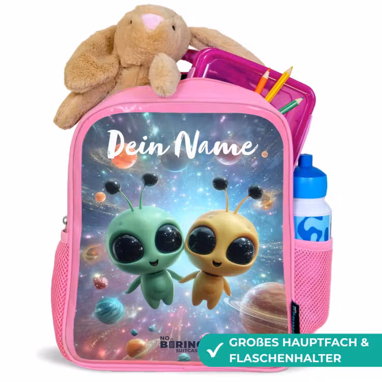 Vrolijke buitenaardse vrienden Kinderrugzak - Roze middel -inhoud_DE