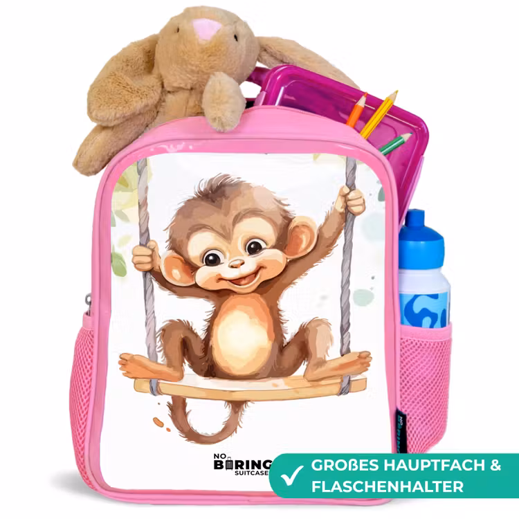 Vrolijk aapje op een schommel illustratie Kinderrugzak - Roze middel -inhoud_DE