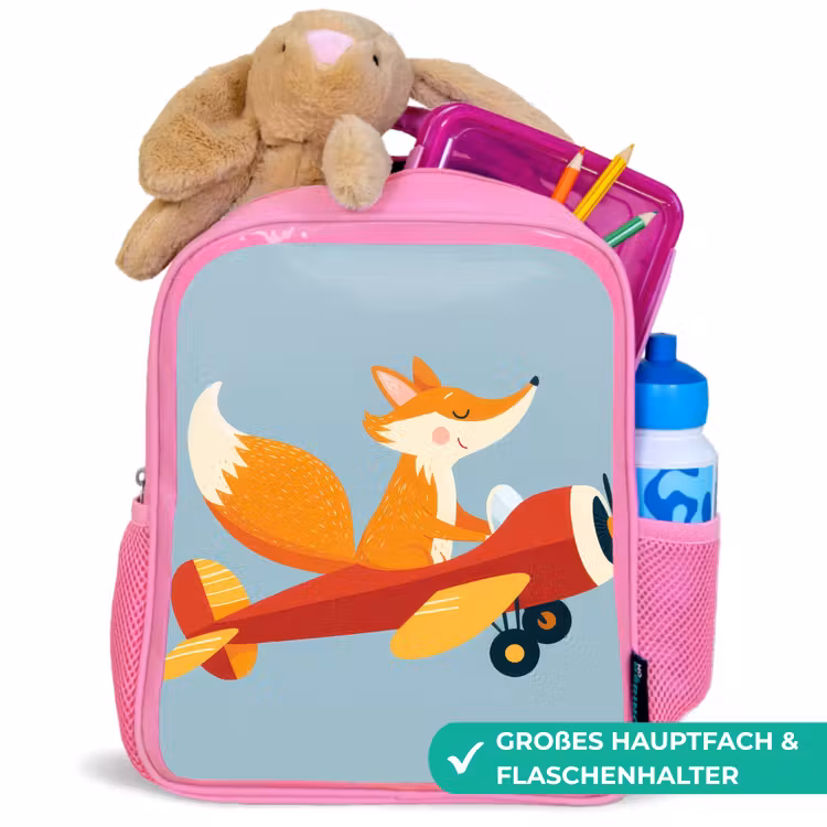 Vos - Vliegtuig - Blauw Kinderrugzak - Roze middel -inhoud_DE