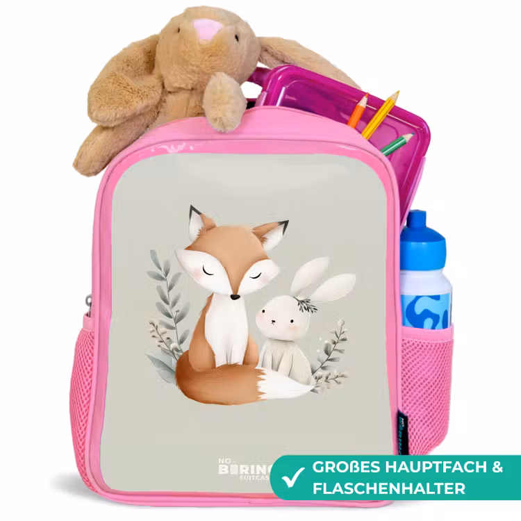 Vos en konijn omringd door groene blaadjes Kinderrugzak - Roze middel -inhoud_DE
