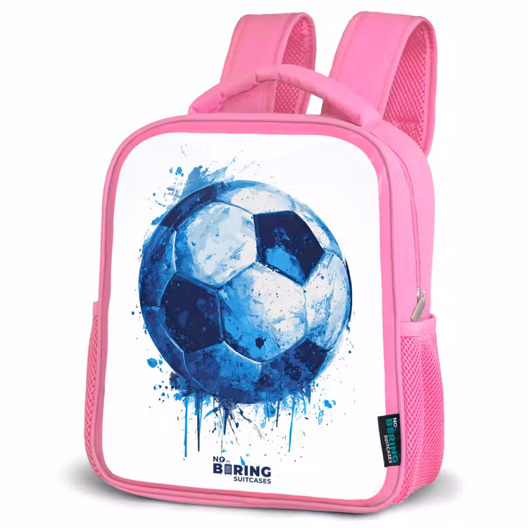 Voetbal - Inktspatten - Blauw - Bal Kinderrugzak - Roze middel -schuin