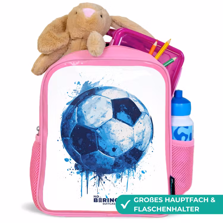 Voetbal - Inktspatten - Blauw - Bal Kinderrugzak - Roze middel -inhoud_DE