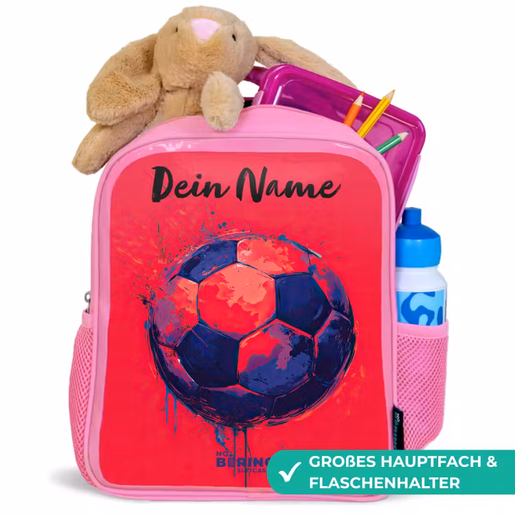 Voetbalvibes - Verf - Blauw - Rood Kinderrugzak - Roze middel -inhoud_DE