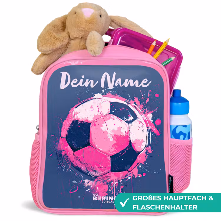 Voetbalvibes - Verf - Roze - Blauw Kinderrugzak - Roze middel -inhoud_DE
