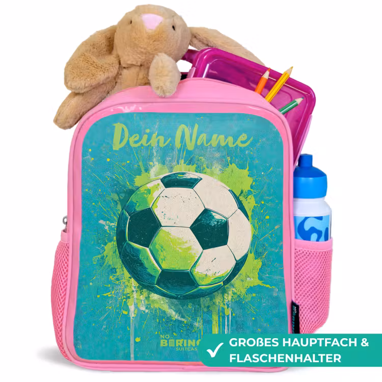 Voetbalvibes - Verfspatten - Groen - Blauw Kinderrugzak - Roze middel -inhoud_DE