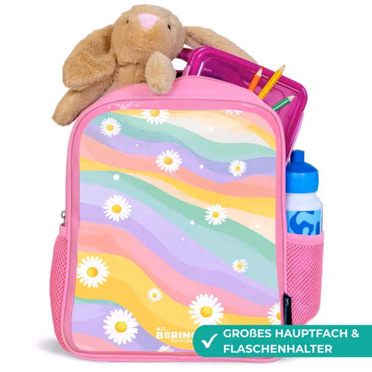 Madeliefjes op regenboogachtergrond Kinderrugzak - Roze middel -inhoud_DE