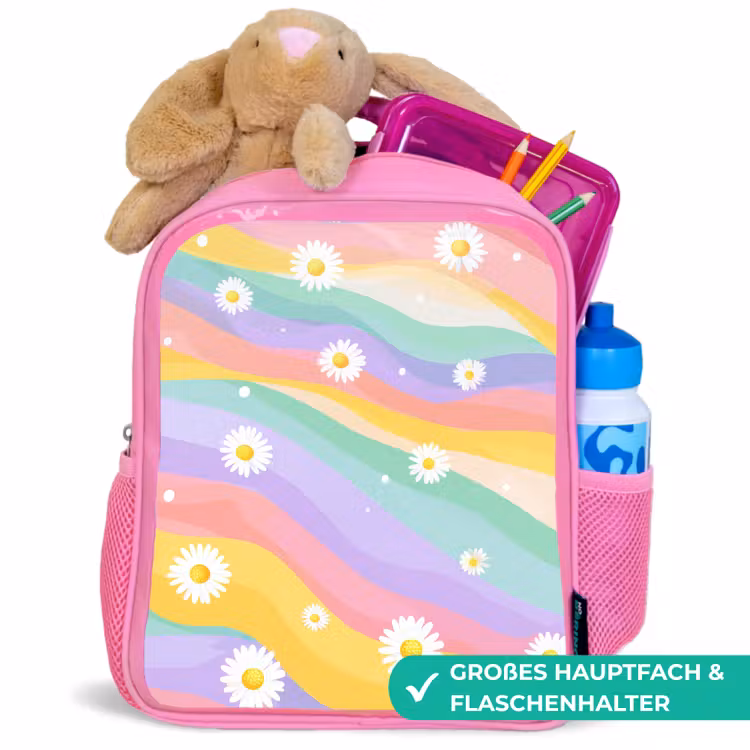 Madeliefjes - Kleurrijk - Pastel - Vrolijk Kinderrugzak - Roze middel -inhoud_DE