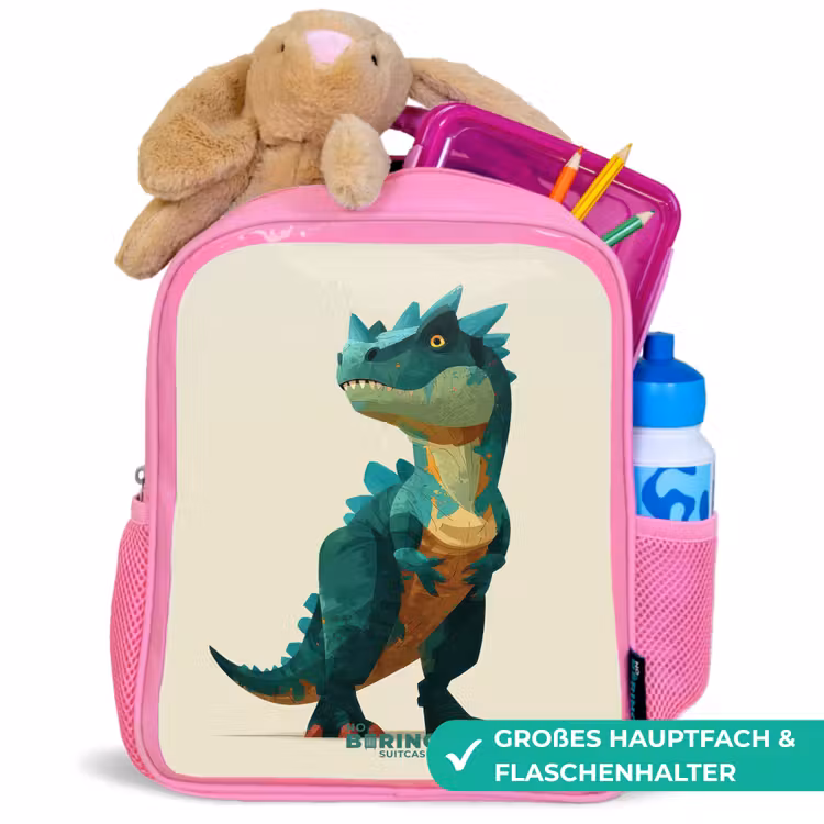 Gehoornde dino met scherpe blik Kinderrugzak - Roze middel -inhoud_DE