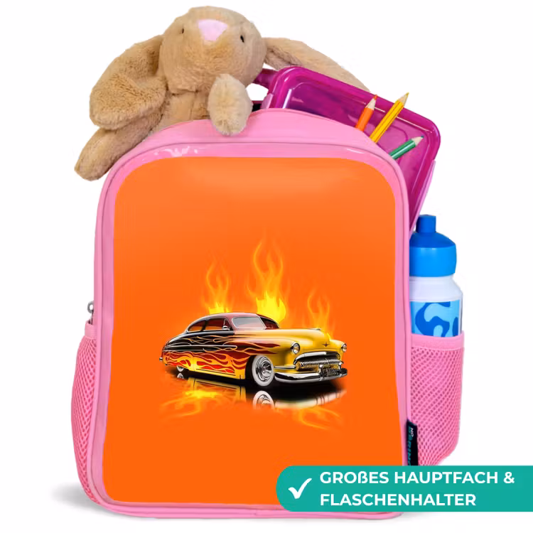 Gele auto met gele vlammen Kinderrugzak - Roze middel -inhoud_DE