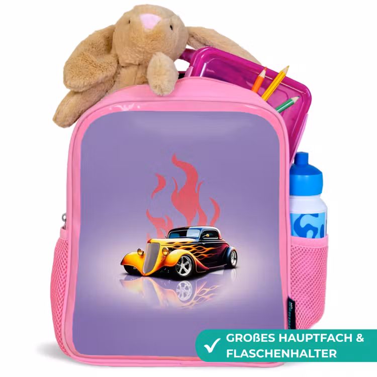 Gele auto met roze vlammen Kinderrugzak - Roze middel -inhoud_DE