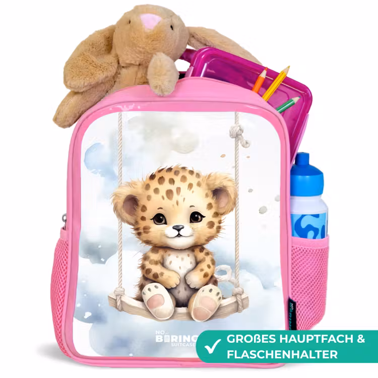 Cheeta welpje op een schommel in de wolken Kinderrugzak - Roze middel -inhoud_DE