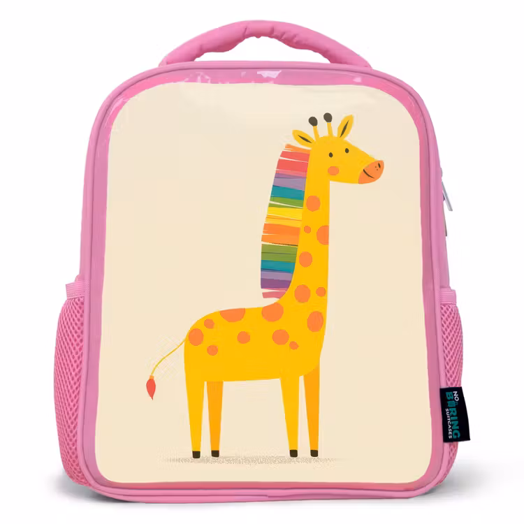 Giraffe - Regenboogmanen - Beige Kinderrugzak - Roze middel -3d