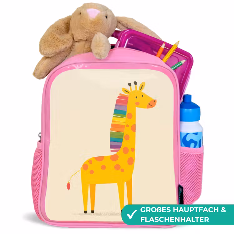 Giraffe - Regenboogmanen - Beige Kinderrugzak - Roze middel -inhoud_DE