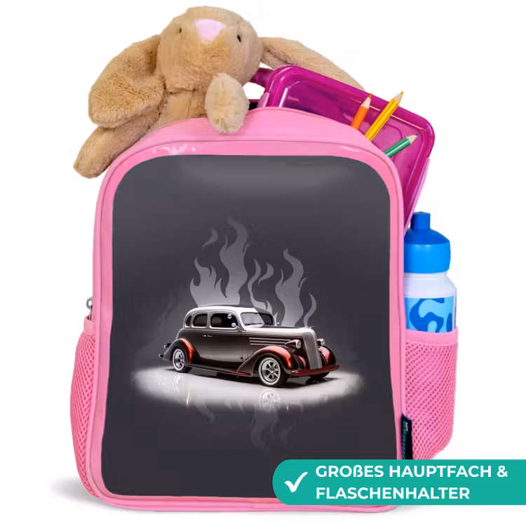 Grijze auto met grijze vlammen Kinderrugzak - Roze middel -inhoud_DE