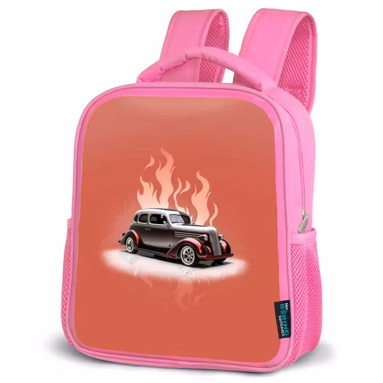 Grijze auto met roze vlammen Kinderrugzak - Roze middel -schuin