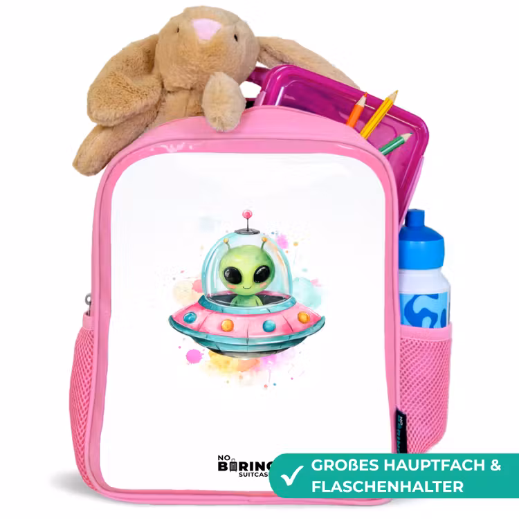 Groene alien in kleurrijke UFO Kinderrugzak - Roze middel -inhoud_DE