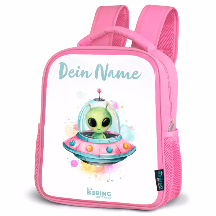 Groene alien in kleurrijke UFO Kinderrugzak - Roze middel -schuin