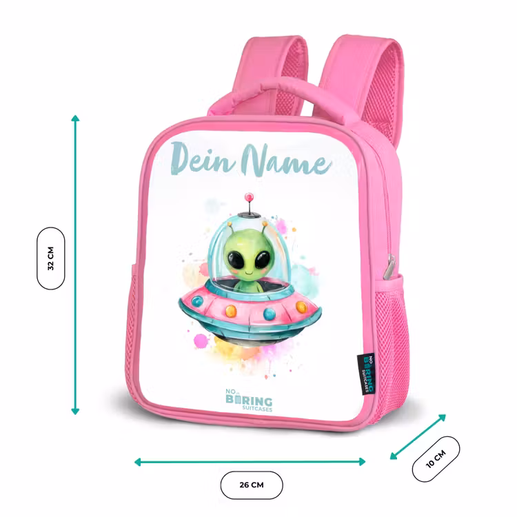 Groene alien in kleurrijke UFO Kinderrugzak - Roze middel -productfoto_formaten