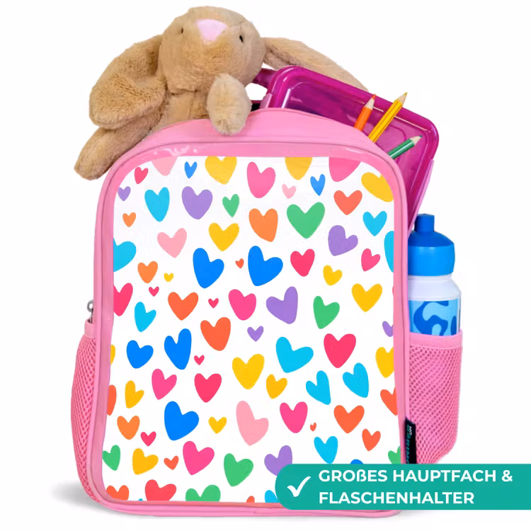 Hartjes - Kleurrijk - Patroon - Levendig Kinderrugzak - Roze middel -inhoud_DE
