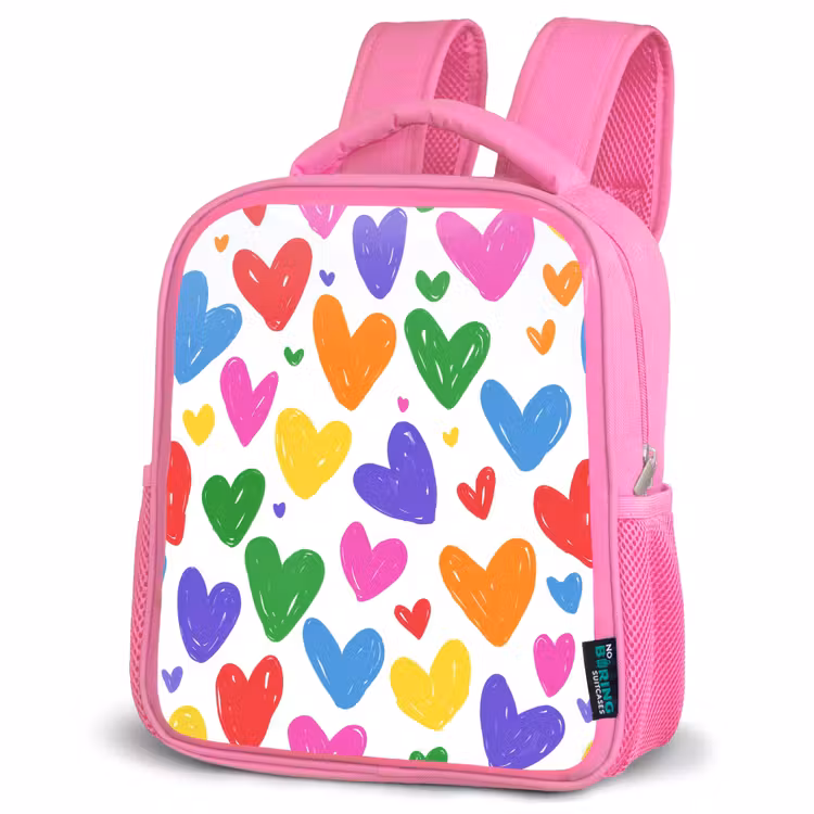 Hartjes - Patroon - Kleurrijk - Tekening Kinderrugzak - Roze middel -schuin
