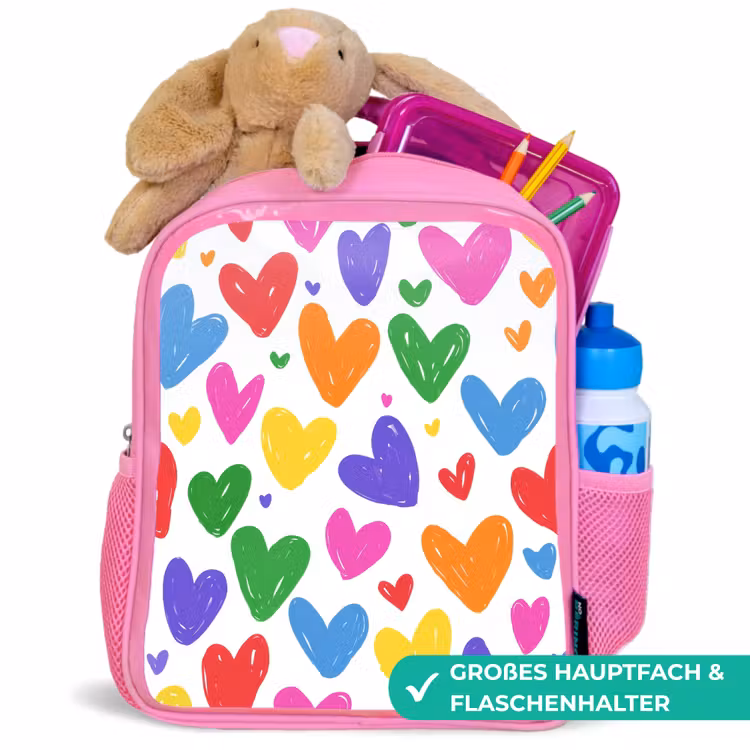 Hartjes - Patroon - Kleurrijk - Tekening Kinderrugzak - Roze middel -inhoud_DE