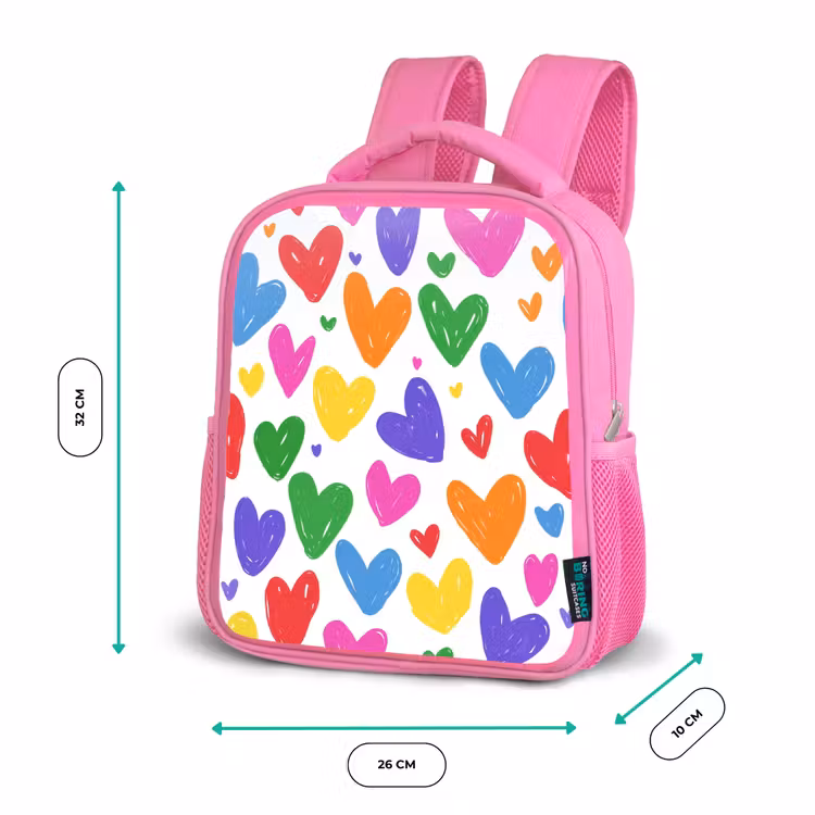 Hartjes - Patroon - Kleurrijk - Tekening Kinderrugzak - Roze middel -productfoto_formaten