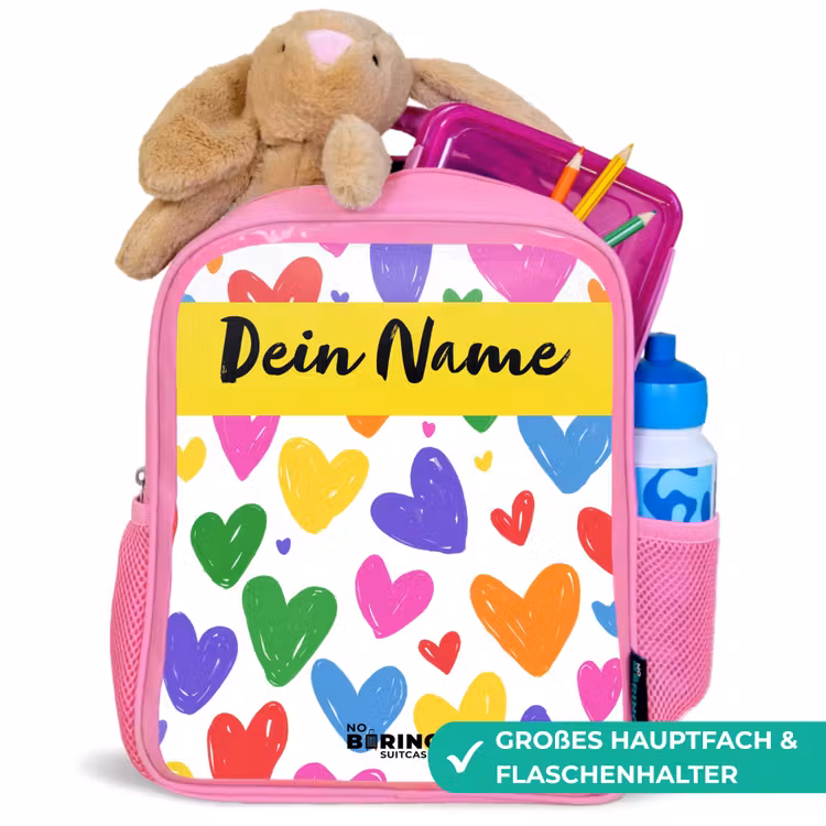 Hartjes - Patroon - Kleurrijk Kinderrugzak - Roze middel -inhoud_DE