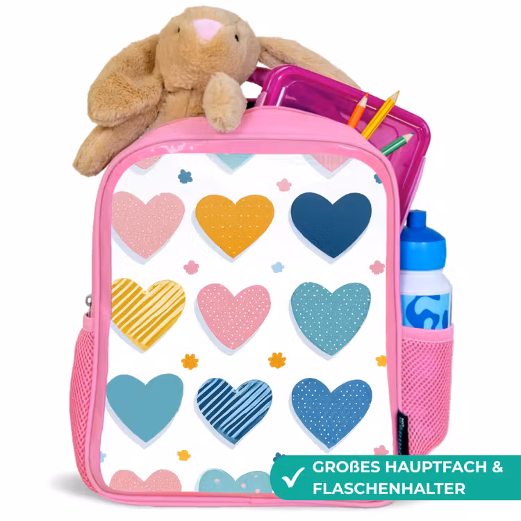 Hartjes - Pastel - Kleurcontrast - Handgetekend Kinderrugzak - Roze middel -inhoud_DE