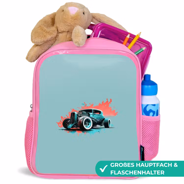 Hotrod turquoise Kinderrugzak - Roze middel -inhoud_DE