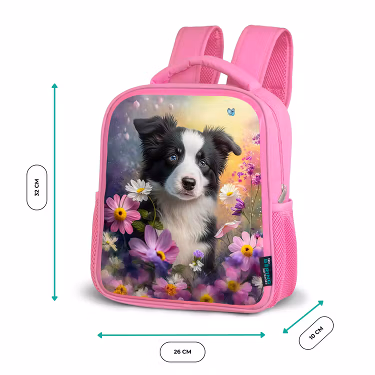 Hond - Bloemen - Natuur - Puppy - Bordercollie Kinderrugzak - Roze middel -productfoto_formaten