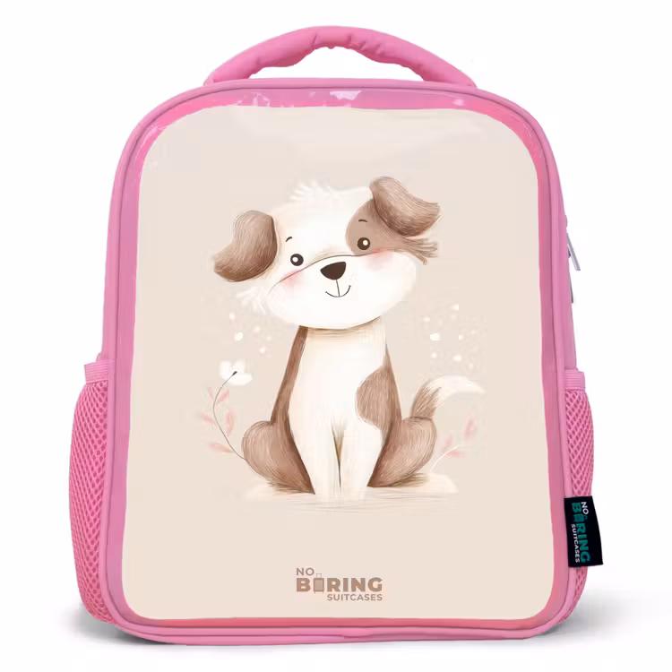 Hond in de kleuren bruin en beige Kinderrugzak - Roze middel -3d