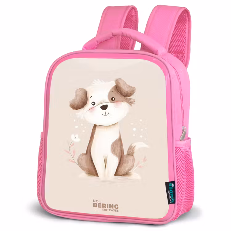 Hond in de kleuren bruin en beige Kinderrugzak - Roze middel -schuin