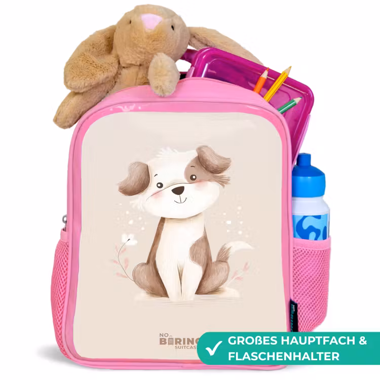 Hond in de kleuren bruin en beige Kinderrugzak - Roze middel -inhoud_DE
