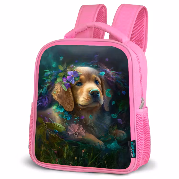 Hond - Puppy - Bloemen - Natuur - Golden retriever Kinderrugzak - Roze middel -schuin